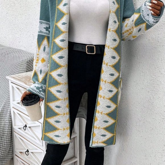 Blue Preppy Womens Geo Pattern Dual Pocket Drop Shoulder Open Front Cardigan - Picture 4 of 5